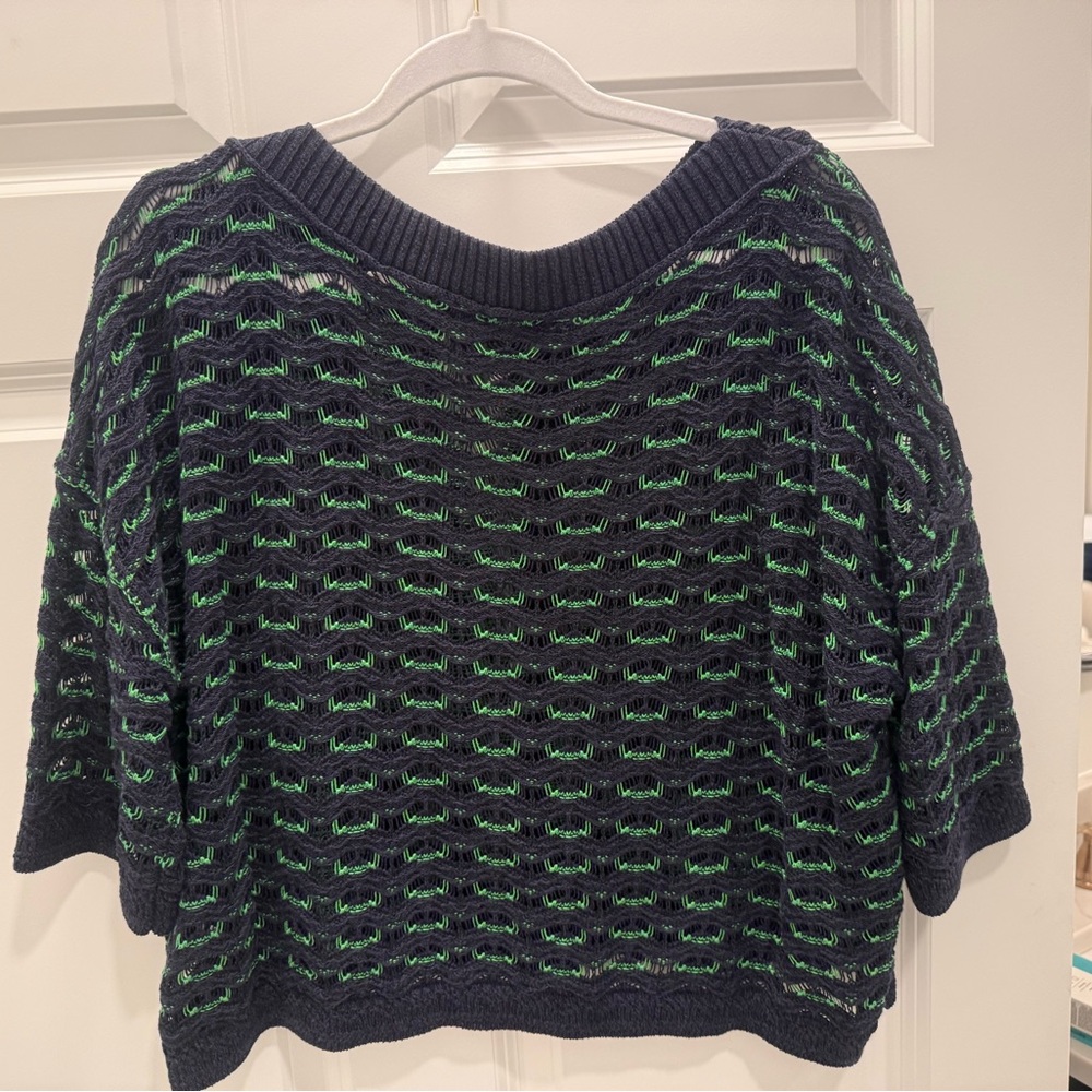 Anthropologie Maeve BoatNeck Contrast-Stitch Sweater Navy/ Green Size Medium NWT